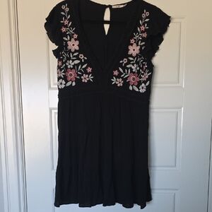 Black Dress with Pink, Pale Green, & White Floral Embroidery Size Large
